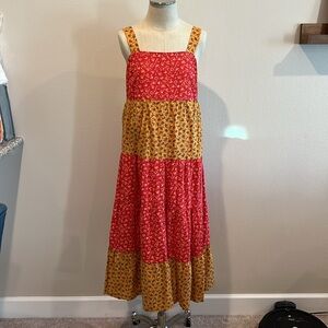 Madewell Button-Black Tiered Midi Dress in Colorblock Calico